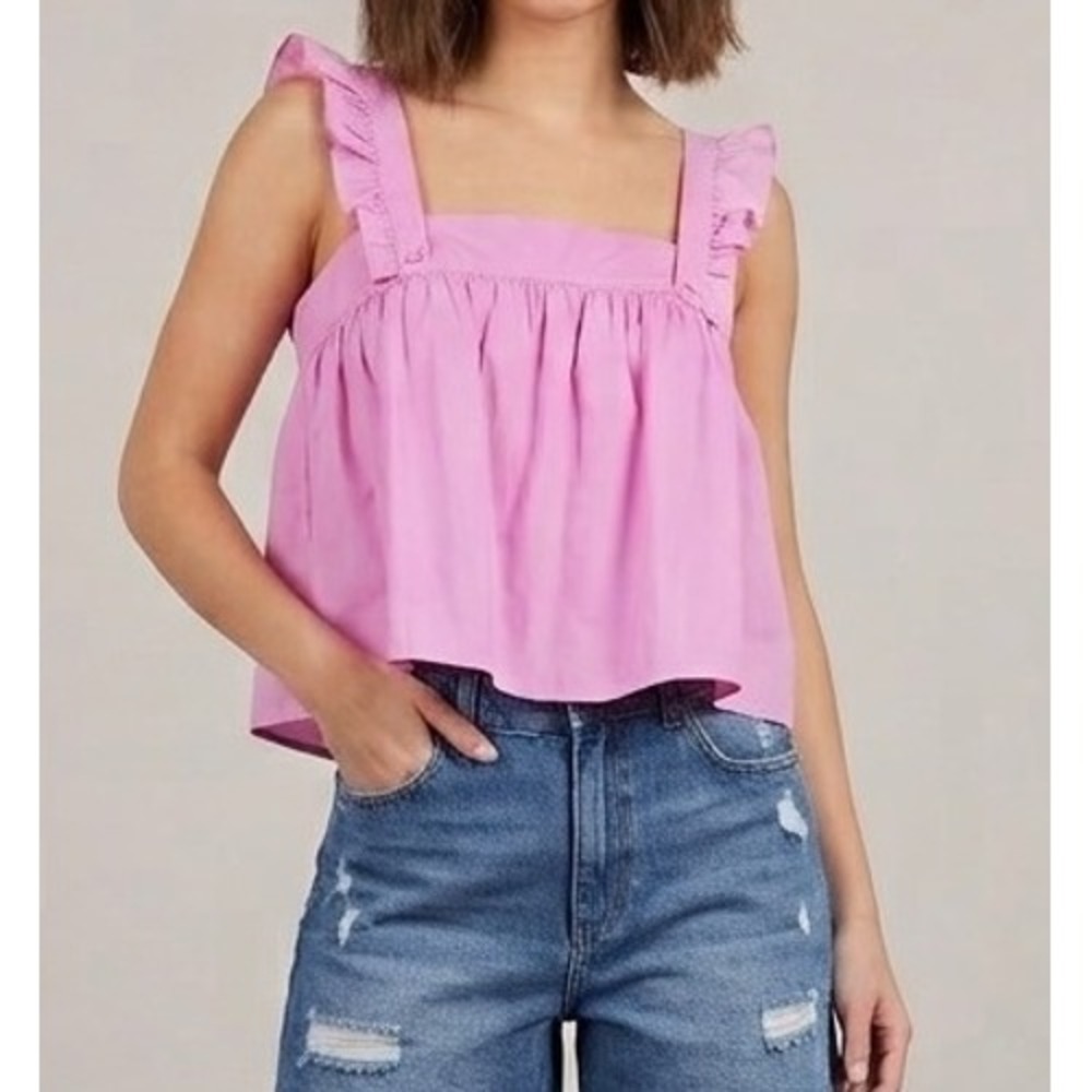 PINK LILY Ruffle Strap Babydoll Top Womens XL Purple Bow Back Peplum Summer